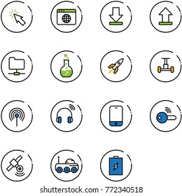 line vector icon set - cursor vector, browser globe, download, uplooad, network folder, round flask, rocket, gyroscope, antenna, wireless headphones, mobile phone, key, satellite, moon rover
