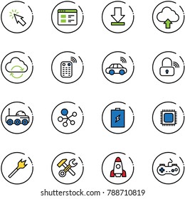line vector icon set - cursor vector, website, download, upload cloud, refresh, remote control, car wireless, lock, moon rover, molecule, battery, cpu, wood drill, wrench hammer, rocket, gamepad