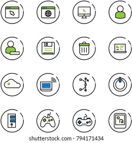 line vector icon set - cursor browser vector, globe, monitor, user, password, save, trash bin, statistics, cloud, notebook wi fi, bezier, standby button, server, joystick, gamepad, game console