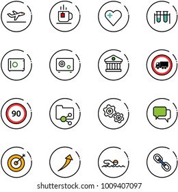 line vector icon set - departure vector, tea, heart, vial, safe, bank, no truck road sign, speed limit 90, shared folder, gears, dialog, target, growth, swimming, link