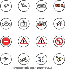 line vector icon set - departure vector, arrival, airport bus, waiting area, safety car, terrorism, fork loader, trap truck, no way road sign, intersection, left turn, plane, bike, paper