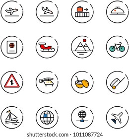 line vector icon set - departure vector, arrival, baggage, client bell, passport, sleigh, mountains, bike, intersection road sign, helicopter, coconut cocktail, suitcase, sail boat, globe, plane