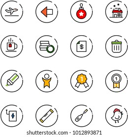 line vector icon set - departure vector, left arrow, christmas ball, house, tea, coin, account statement, trash bin, highlight marker, success, gold medal, power bank, level, chisel, chicken toy