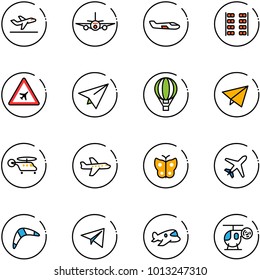 line vector icon set - departure vector, plane, small, seats, airport road sign, paper, air balloon, fly, helicopter, butterfly, boomerang, toy