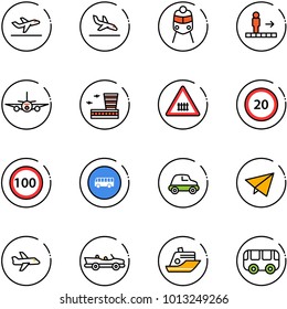 line vector icon set - departure vector, arrival, train, travolator, plane, airport building, railway intersection road sign, speed limit 20, 100, bus, car, paper fly, cabrio, cruiser, toy