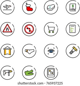 line vector icon set - departure vector, christmas sock, meat, annual report, Road narrows sign, no left turn, cart, document, pennant, swimsuit, eye scanner, bolt, drill machine, crocodile