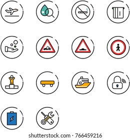 line vector icon set - departure vector, blood test, no smoking sign, atm, cash pay, car crash road, artificial unevenness, pedestrian, winner, skateboard, cruiser, wireless lock, battery