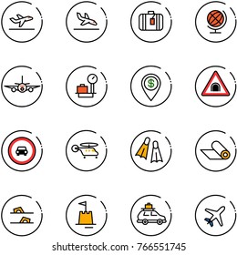 line vector icon set - departure vector, arrival, suitcase, globe, plane, baggage scales, dollar pin, tunnel road sign, no car, helicopter, flippers, mat, flip flops, sand castle