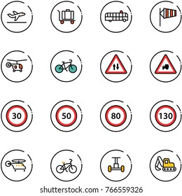 line vector icon set - departure vector, baggage, airport bus, side wind, helicopter, bike, oncoming traffic road sign, tractor way, speed limit 30, 50, 80, 130, gyroscope, excavator toy