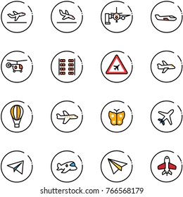 line vector icon set - departure vector, arrival, boarding passengers, small plane, helicopter, seats, airport road sign, air balloon, butterfly, paper, toy