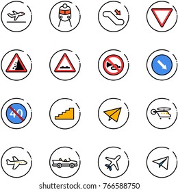 line vector icon set - departure vector, train, escalator down, giving way road sign, landslide, rough, no horn, detour, end minimal speed limit, stairs, paper fly, helicopter, plane, cabrio