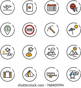 line vector icon set - departure vector, passport, schedule, plane globe, dollar pin, customs road sign, rock axe, beach, palm, mountains, pyramid, suitcase, tent, trailer, helicopter toy