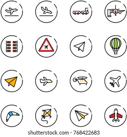 line vector icon set - departure vector, arrival, baggage truck, boarding passengers, plane seats, airport road sign, paper fly, air balloon, helicopter, boomerang, kite, toy