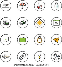 line vector icon set - departure vector, insurance, wine, drop counter, coin, dollar, main road sign, cursor browser, monitor, case, diamond ring, paper fly, plane, usb wi fi, winch, rocking horse