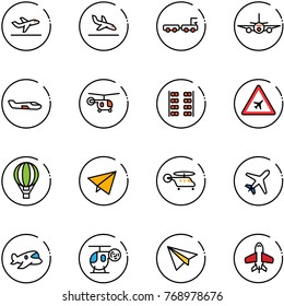 line vector icon set - departure vector, arrival, baggage truck, plane, small, helicopter, seats, airport road sign, air balloon, paper fly, toy