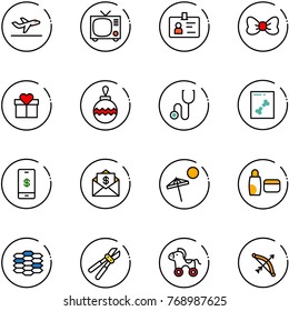 line vector icon set - departure vector, tv, identity, bow, gift, christmas ball, stethoscope, x ray, mobile payment, mail dollar, beach, uv cream, carbon, bolt cutter, wheel horse
