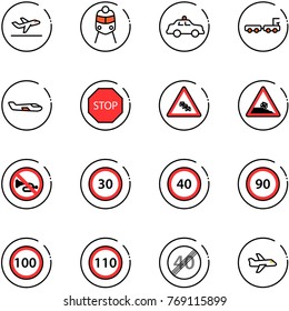 line vector icon set - departure vector, train, safety car, baggage truck, small plane, stop road sign, multi lane traffic, steep roadside, no horn, speed limit 30, 40, 90, 100, 110, end