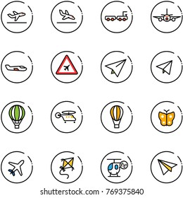 line vector icon set - departure vector, arrival, baggage truck, plane, small, airport road sign, paper, fly, air balloon, helicopter, butterfly, kite, toy