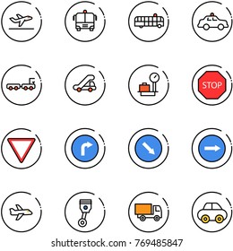 line vector icon set - departure vector, airport bus, safety car, baggage truck, trap, scales, stop road sign, giving way, only right, detour, plane, piston, toy