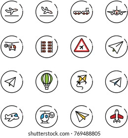line vector icon set - departure vector, arrival, baggage truck, plane, helicopter, seats, airport road sign, paper, fly, air balloon, kite, toy