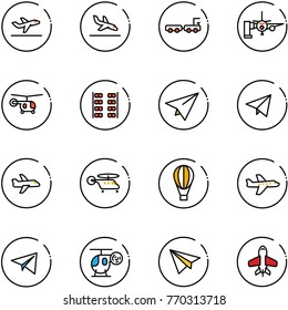 line vector icon set - departure vector, arrival, baggage truck, boarding passengers, helicopter, plane seats, paper, fly, air balloon, toy