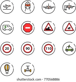 line vector icon set - departure vector, train, plane, boarding passengers, encashment car, no way road sign, steep roadside, railway intersection, speed limit 20, 90, 110, electric, air balloon