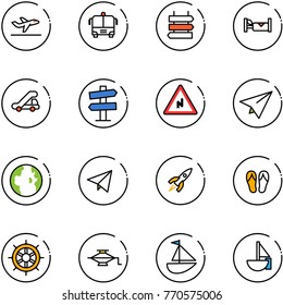 line vector icon set - departure vector, airport bus, sign post, hotel, trap truck, road signpost, abrupt turn right, paper plane, globe, fly, rocket, flip flops, hand wheel, jack, sailboat toy