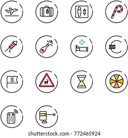 line vector icon set - departure vector, suitcase, elevator, lollipop, firework rocket, champagne, hospital bed, euro, dollar flag, wild animals road sign, sand clock, parasol, remote control