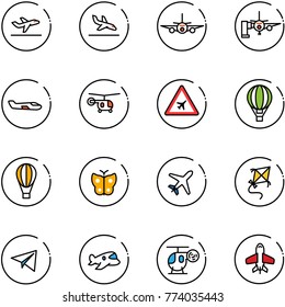 line vector icon set - departure vector, arrival, plane, boarding passengers, small, helicopter, airport road sign, air balloon, butterfly, kite, paper, toy