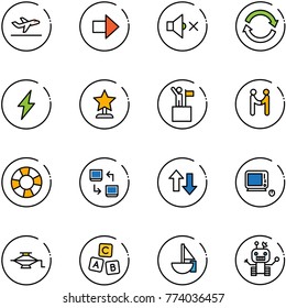 line vector icon set - departure vector, right arrow, volume off, refresh, lightning, award, win, agreement, lifebuoy, data exchange, up down arrows, monoblock pc, jack, abc cube, sailboat toy