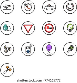 line vector icon set - departure vector, phone alarm, safety car, christmas wreath, blood test, giving way road sign, no truck overtake, globe, flower, music player, balloon smile, beanbag
