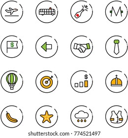 line vector icon set - departure vector, airport bus, champagne, monero, dollar flag, left arrow, agreement, tie, air balloon, target, chart, crown, banana, starfish, rain cloud, life vest