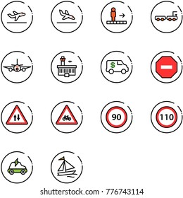 line vector icon set - departure vector, arrival, travolator, baggage truck, plane, airport building, encashment car, no way road sign, oncoming traffic, for moto, speed limit 90, 110, electric