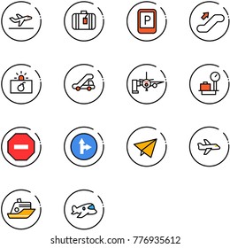 line vector icon set - departure vector, suitcase, parking sign, escalator up, terrorism, trap truck, boarding passengers, baggage scales, no way road, only forward right, paper fly, plane, cruiser