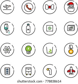 line vector icon set - departure vector, phone, bow, santa claus, drop counter, milk, safe, statistics report, gear, idea, garbage, star medal, chip, tool cabinet, allen key, toy plane