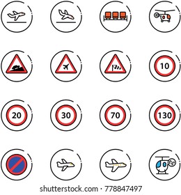line vector icon set - departure vector, arrival, waiting area, helicopter, climb road sign, airport, side wind, speed limit 10, 20, 30, 70, 130, no parking, plane, toy