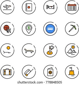 line vector icon set - departure vector, passport, hotel, schedule, plane globe, dollar pin, bus road sign, job, lounger, palm, pyramid, suitcase, sand castle