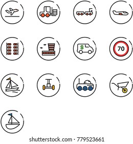 line vector icon set - departure vector, fork loader, baggage truck, small plane, seats, airport building, encashment car, speed limit 70 road sign, sail boat, gyroscope, moon rover, wheelbarrow