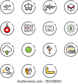 line vector icon set - departure vector, airport bus, boarding passengers, gift, christmas ball, ski, card exchange, dollar sun, upload cloud, record, drink, sea hotel, palm, flip flops