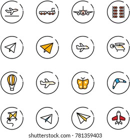 line vector icon set - departure vector, baggage truck, plane, seats, paper fly, helicopter, air balloon, butterfly, boomerang, kite, toy