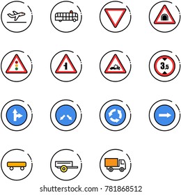 line vector icon set - departure vector, airport bus, giving way road sign, tunnel, traffic light, intersection, car crash, limited height, only forward right, detour, circle, skateboard, trailer