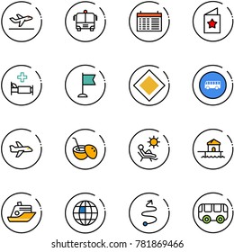 line vector icon set - departure vector, airport bus, schedule, star postcard, hospital bed, flag, main road sign, plane, coconut cocktail, beach, bungalow, cruiser, globe, trip, toy