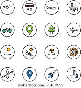 line vector icon set - departure vector, duty free, small plane, airport building, bike, map pin, signpost, lounger, beach, bungalow, hand wheel, kayak, navigation, rocket, sailboat toy