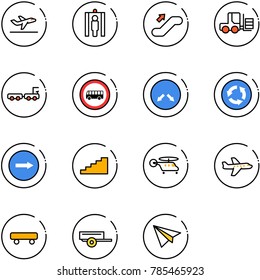line vector icon set - departure vector, metal detector gate, escalator up, fork loader, baggage truck, no bus road sign, detour, circle, only right, stairs, helicopter, plane, skateboard, trailer