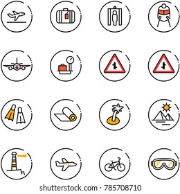 line vector icon set - departure vector, suitcase, metal detector gate, train, plane, baggage scales, intersection road sign, flippers, mat, palm, pyramid, lighthouse, bike, protective glasses