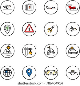 line vector icon set - departure vector, suitcase, small plane, sleigh, dollar pin, intersection road sign, rocket, pyramid, ship bell, sail boat, car baggage, globe, navigation, protective glasses