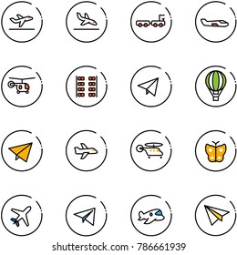 line vector icon set - departure vector, arrival, baggage truck, small plane, helicopter, seats, paper fly, air balloon, butterfly, toy