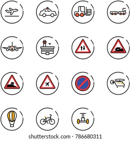 line vector icon set - departure vector, safety car, fork loader, baggage truck, plane, airport building, oncoming traffic road sign, climb, steep roadside, no parking, helicopter, air balloon, bike