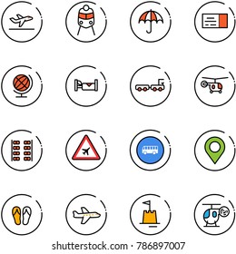 line vector icon set - departure vector, train, insurance, ticket, globe, hotel, baggage truck, helicopter, plane seats, airport road sign, bus, map pin, flip flops, sand castle, toy