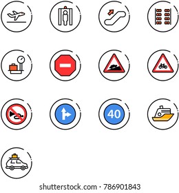 line vector icon set - departure vector, metal detector gate, escalator up, plane seats, baggage scales, no way road sign, climb, for moto, horn, only forward right, minimal speed limit, cruiser